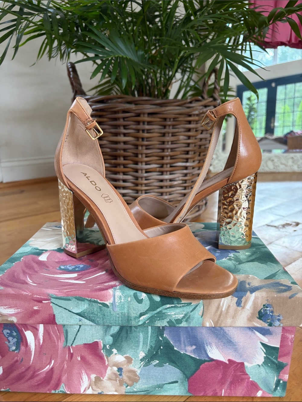 Aldo Tan Leather Open-Toe Block Heels with Gold Textured Heel